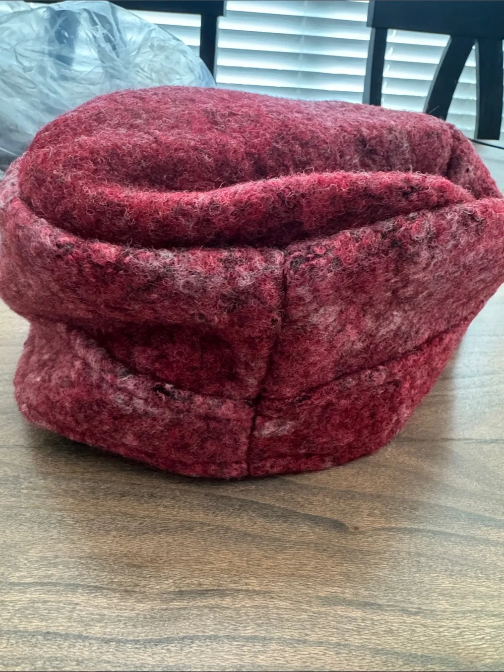 Womens Red Textured Wool Blend Hat with Bow Accent
